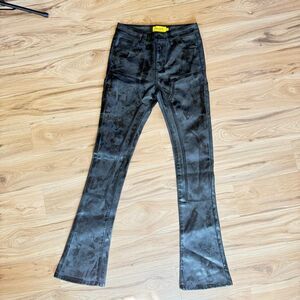 RARE Guapi Mens Metallic Black Faux Leather Stacked Flare Skinny Jeans Size 32 E